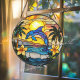 Dolphin Stained Glass Suncatcher, Tropical Sunset Ocean Panel, Beach Decor Window Hanging, Coastal Sea Art, Summer Home Glass Gift
