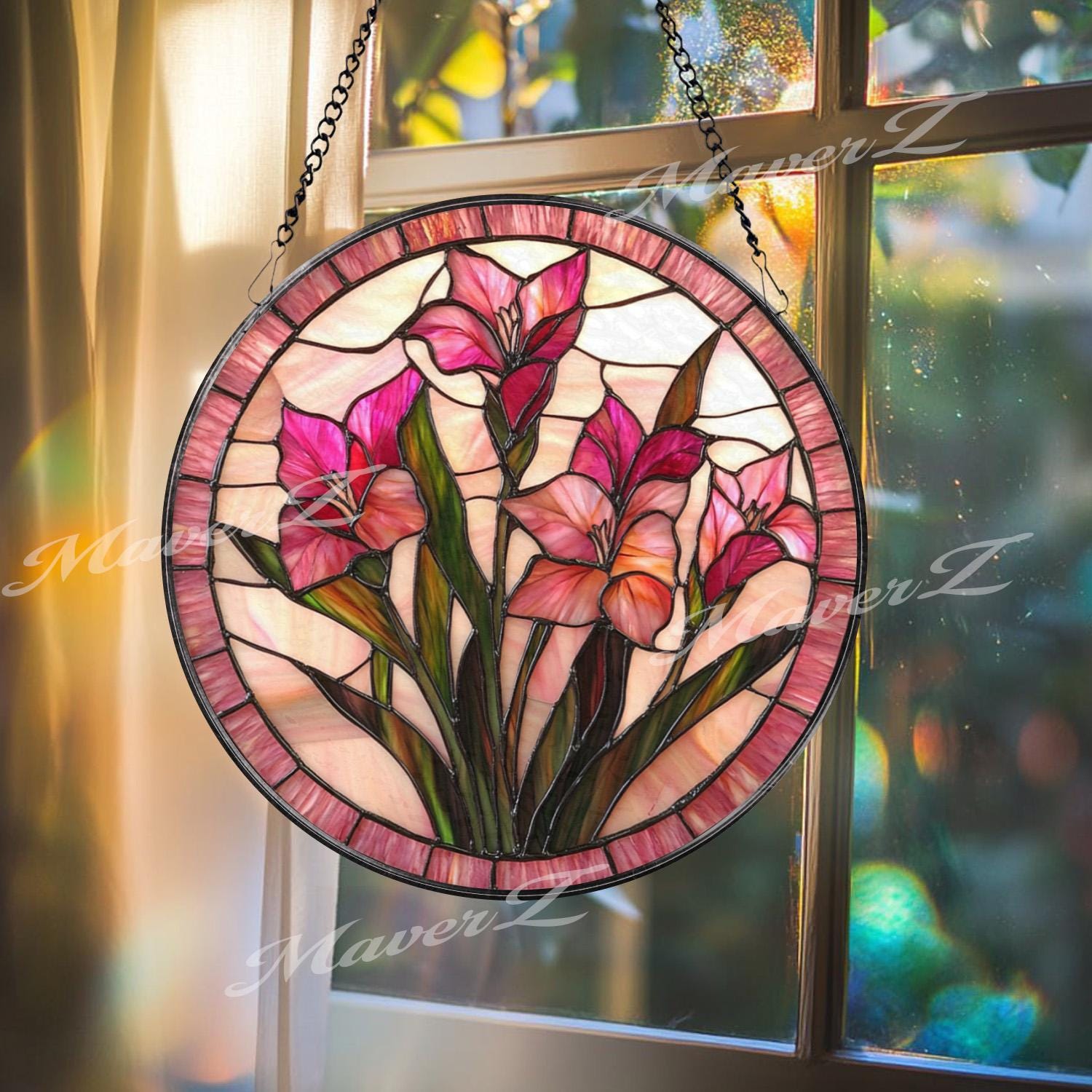 Pink Gladiolus Stained Glass Suncatcher, Floral Window Panel Hanging Gift, Elegant Botanical Flower Decor, Handmade Glass for Garden Lovers
