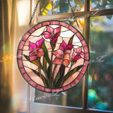 Pink Gladiolus Stained Glass Suncatcher, Floral Window Panel Hanging Gift, Elegant Botanical Flower Decor, Handmade Glass for Garden Lovers