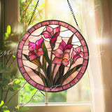 Pink Gladiolus Stained Glass Suncatcher, Floral Window Panel Hanging Gift, Elegant Botanical Flower Decor, Handmade Glass for Garden Lovers