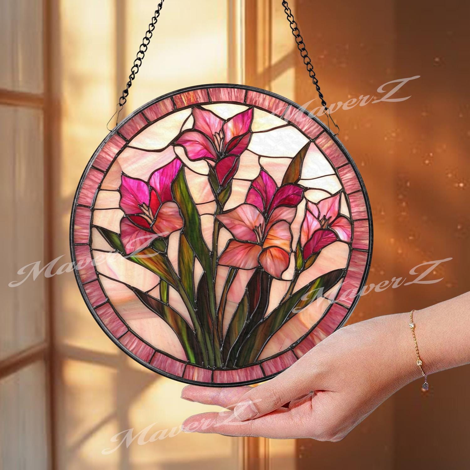 Pink Gladiolus Stained Glass Suncatcher, Floral Window Panel Hanging Gift, Elegant Botanical Flower Decor, Handmade Glass for Garden Lovers