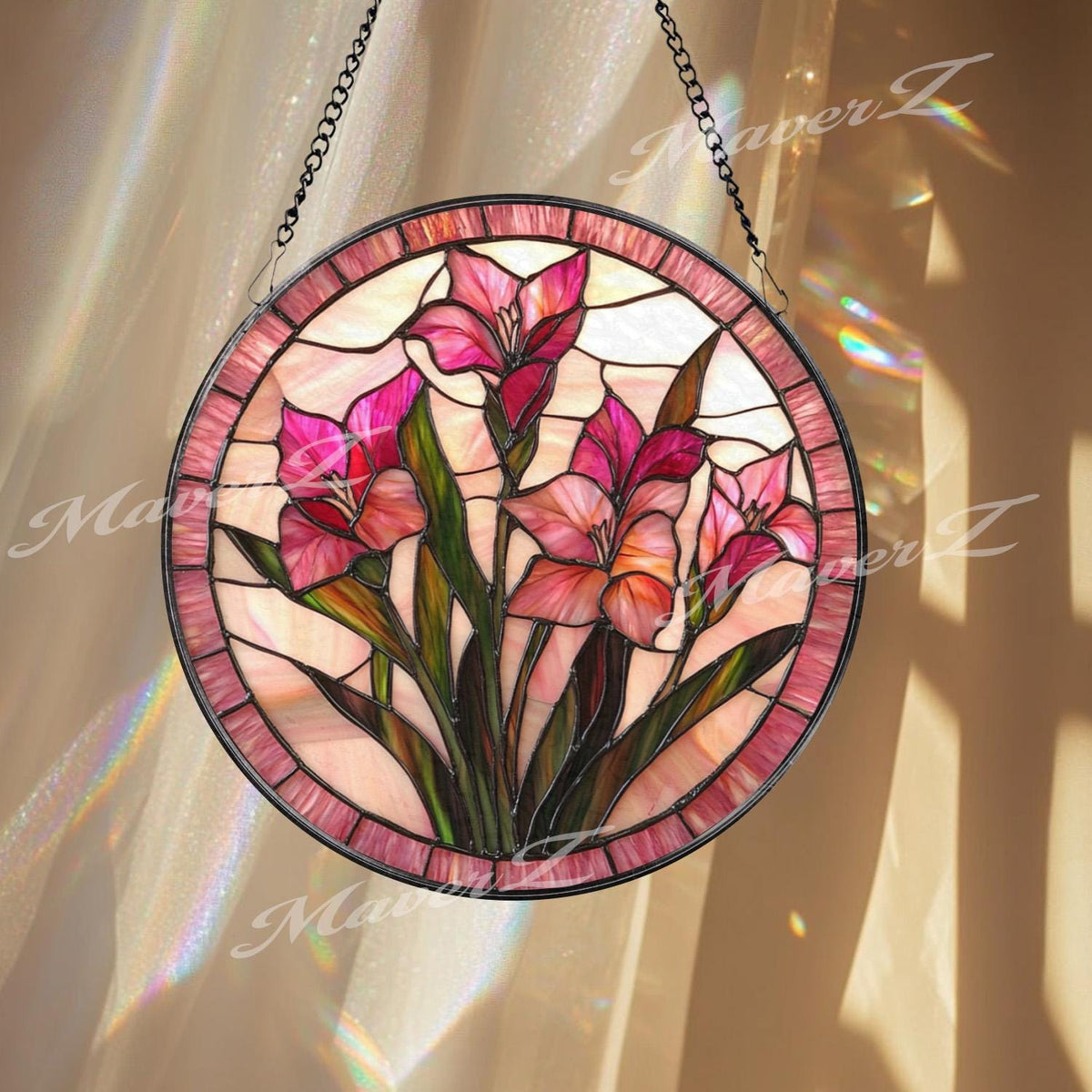 Pink Gladiolus Stained Glass Suncatcher, Floral Window Panel Hanging Gift, Elegant Botanical Flower Decor, Handmade Glass for Garden Lovers