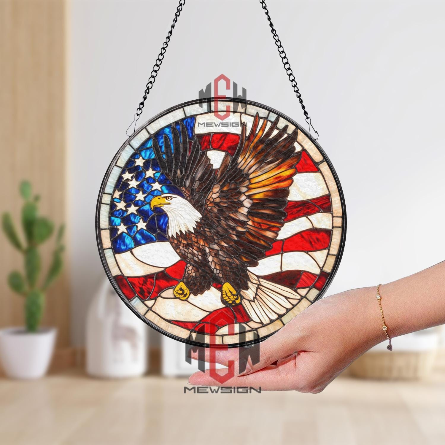 American Eagle Stained Glass Suncatcher, Patriotic Window Hanging, USA Flag Glass Panel, Bald Eagle Decor, 4th of July Gift