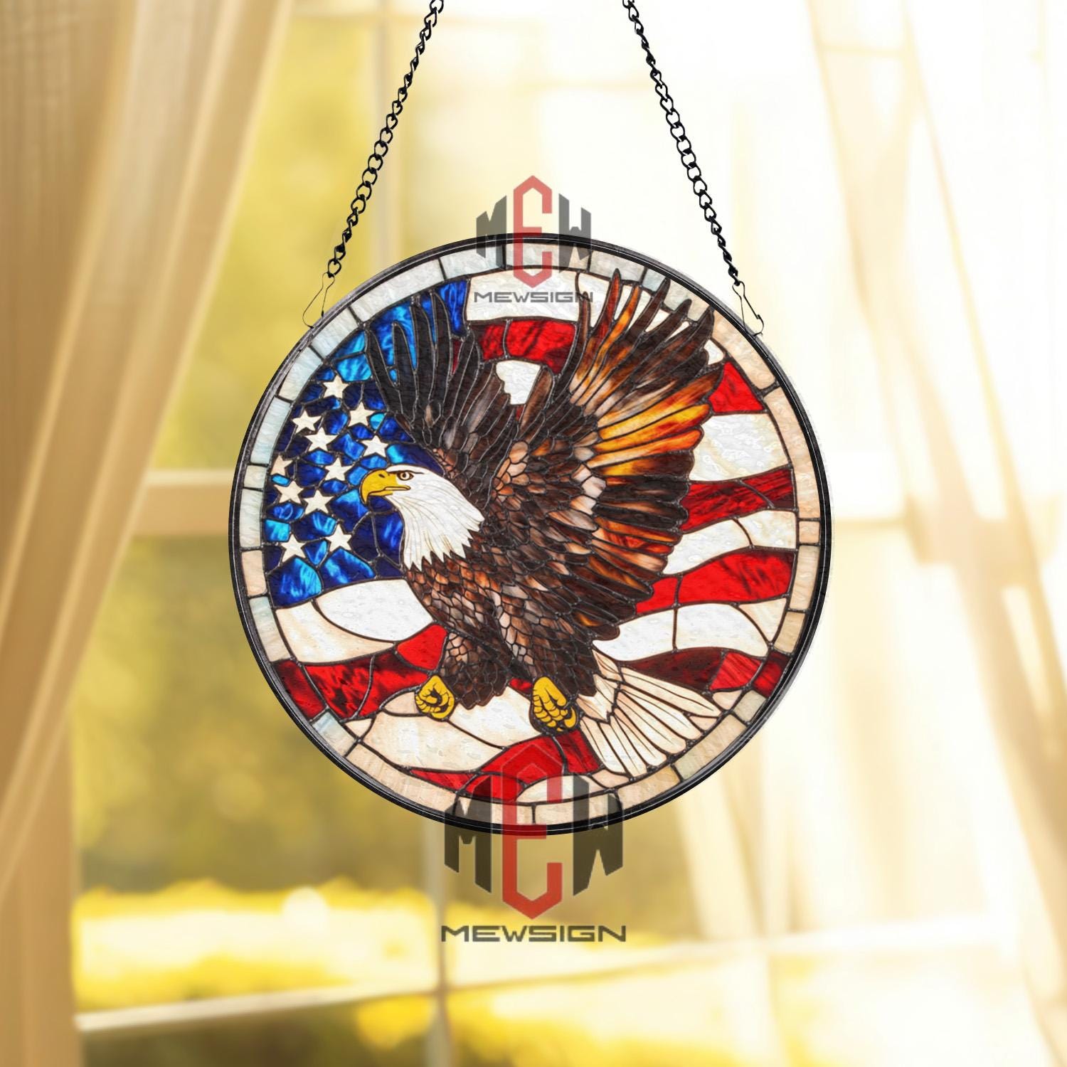 American Eagle Stained Glass Suncatcher, Patriotic Window Hanging, USA Flag Glass Panel, Bald Eagle Decor, 4th of July Gift