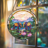 Elephant Stained Glass Suncatcher, Sunset Jungle Window Hanging, Lotus Pond Glass Panel, Boho Safari Decor, Peaceful Animal Gift