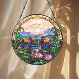 Elephant Stained Glass Suncatcher, Sunset Jungle Window Hanging, Lotus Pond Glass Panel, Boho Safari Decor, Peaceful Animal Gift