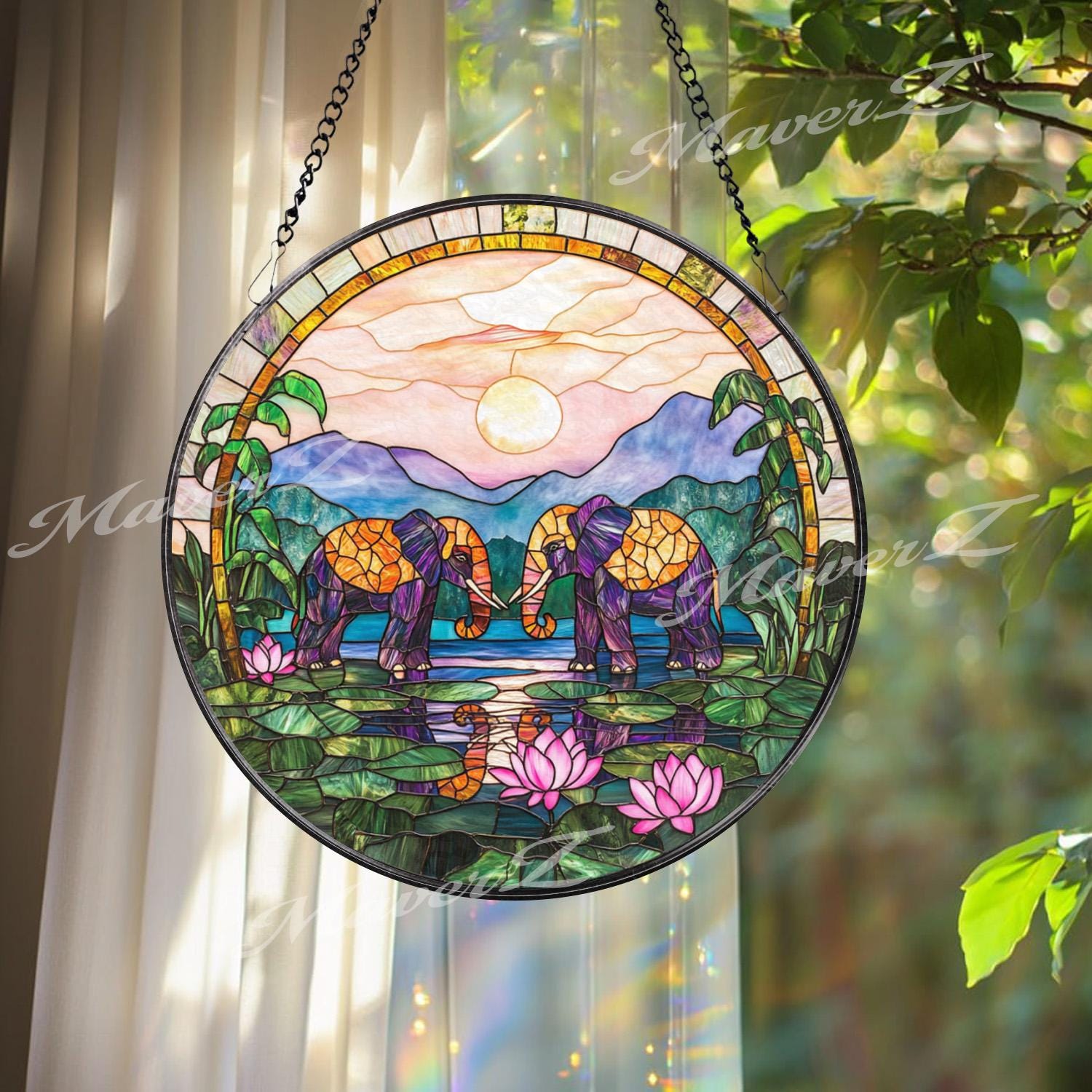 Elephant Stained Glass Suncatcher, Sunset Jungle Window Hanging, Lotus Pond Glass Panel, Boho Safari Decor, Peaceful Animal Gift