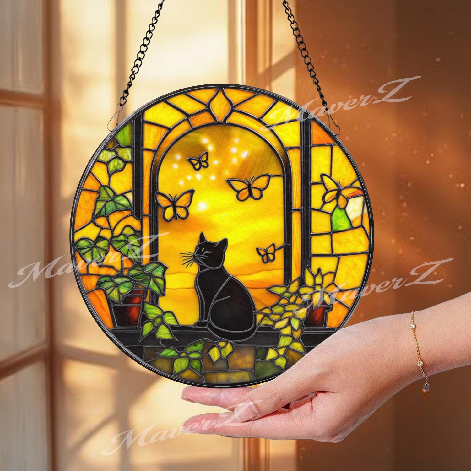 Black Cat Stained Glass Suncatcher, Sunlit Window Butterfly Decor, Cozy Cat Lover Glass Panel, Fall Yellow Window Art, Whimsical Gift