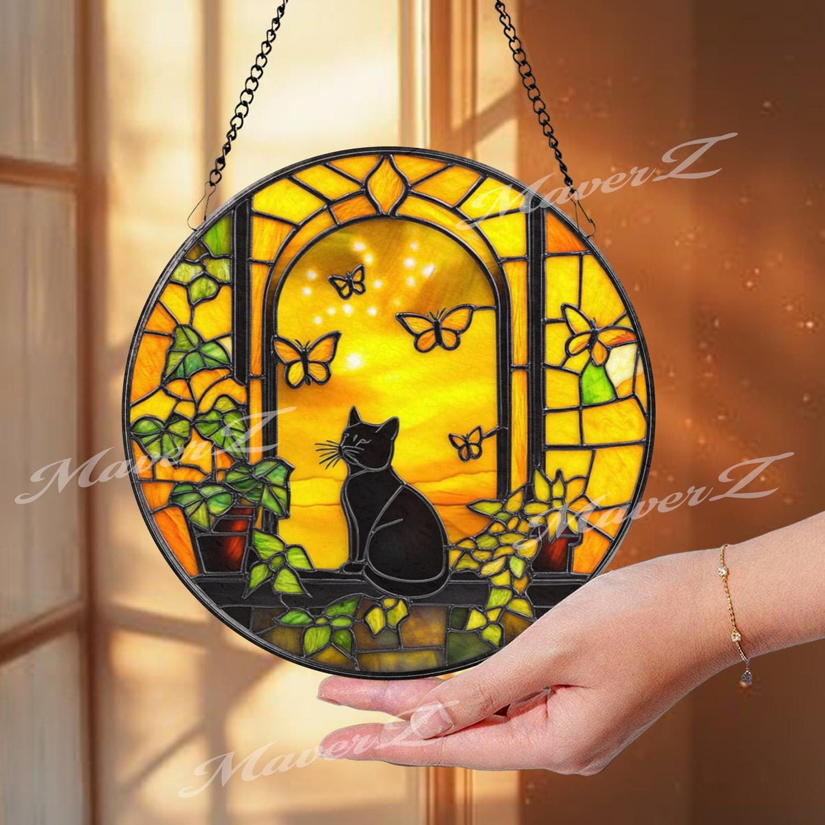 Black Cat Stained Glass Suncatcher, Sunlit Window Butterfly Decor, Cozy Cat Lover Glass Panel, Fall Yellow Window Art, Whimsical Gift