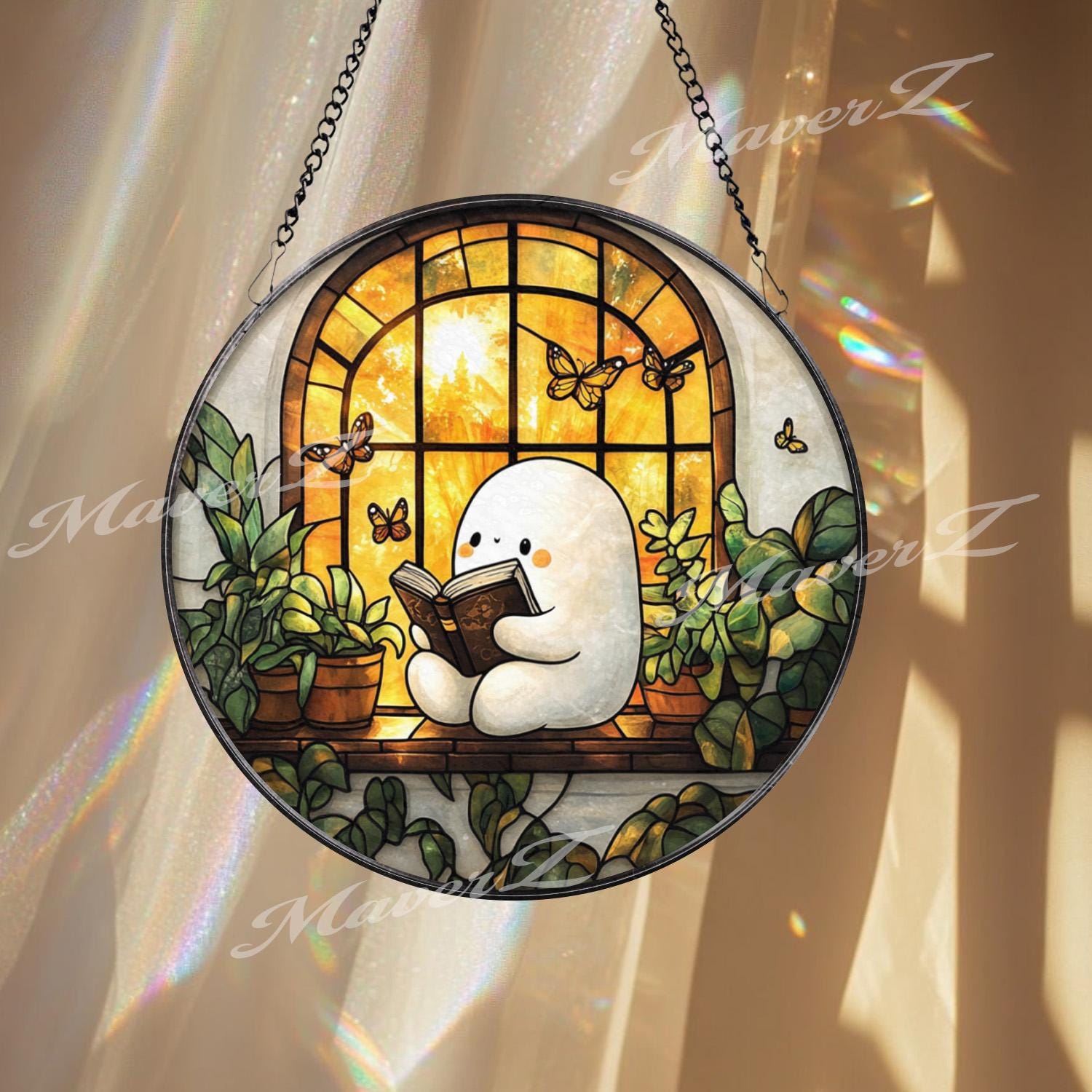 Cute Character Reading Suncatcher, Cozy Window Glass Panel, Book Lover Decor, Plant Lover Window Art, Whimsical Butterfly Gift