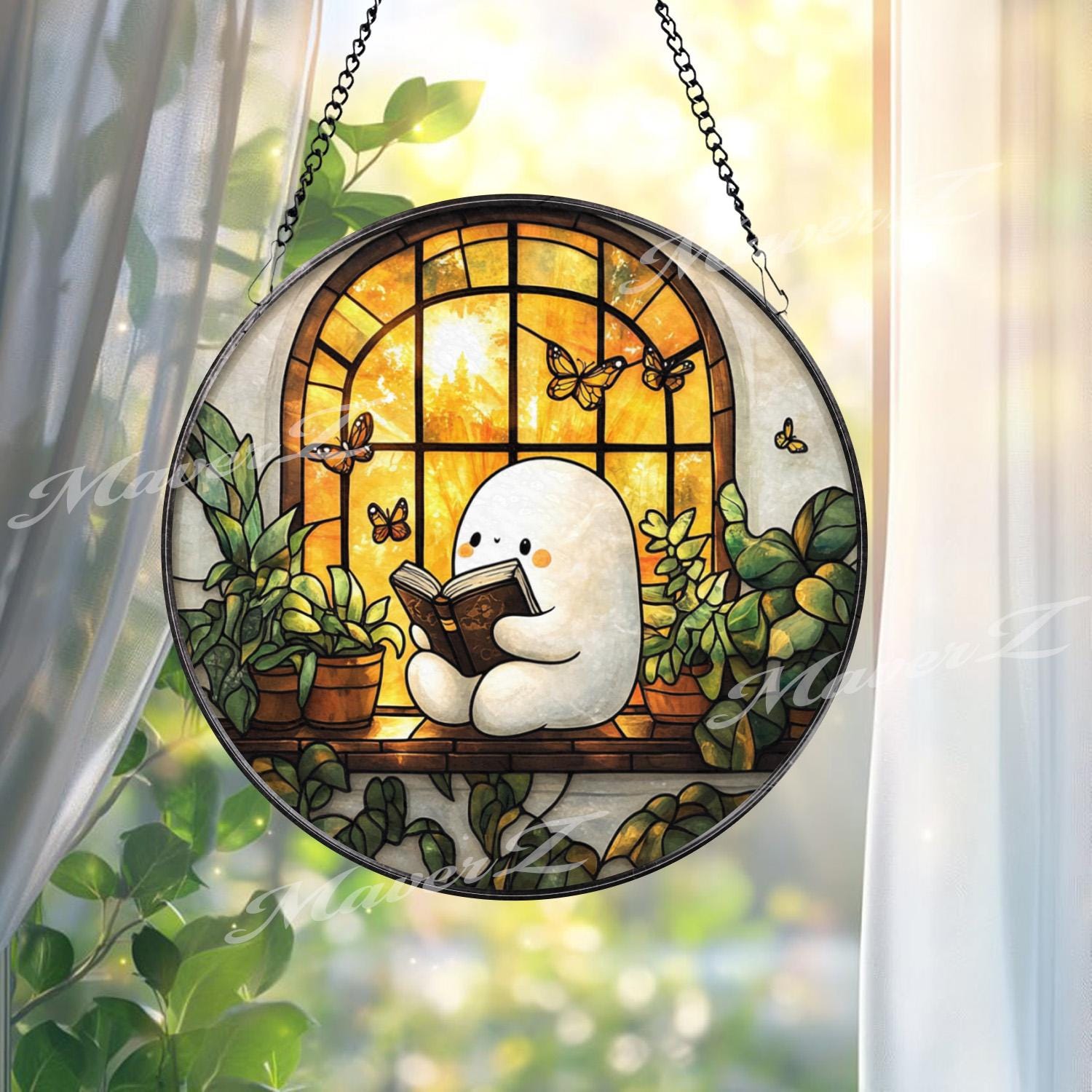 Cute Character Reading Suncatcher, Cozy Window Glass Panel, Book Lover Decor, Plant Lover Window Art, Whimsical Butterfly Gift