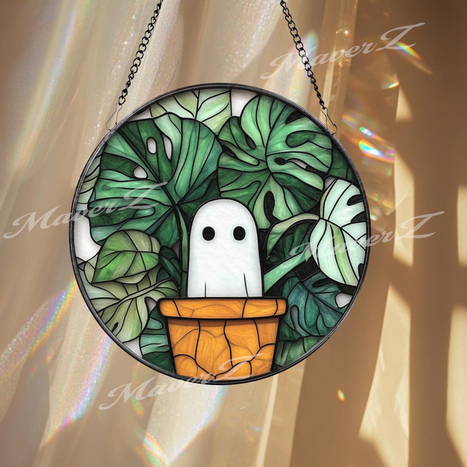 Cute Ghost in Plant Pot Suncatcher, Monstera Leaf Stained Glass Panel, Funny Window Hanging, Kawaii Ghost Decor, Plant Lover Gift