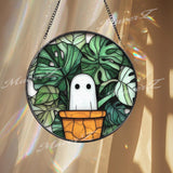 Cute Ghost in Plant Pot Suncatcher, Monstera Leaf Stained Glass Panel, Funny Window Hanging, Kawaii Ghost Decor, Plant Lover Gift