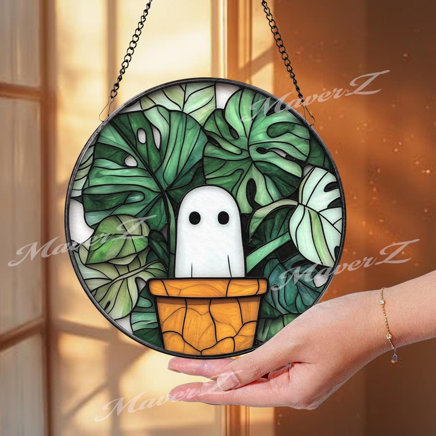 Cute Ghost in Plant Pot Suncatcher, Monstera Leaf Stained Glass Panel, Funny Window Hanging, Kawaii Ghost Decor, Plant Lover Gift