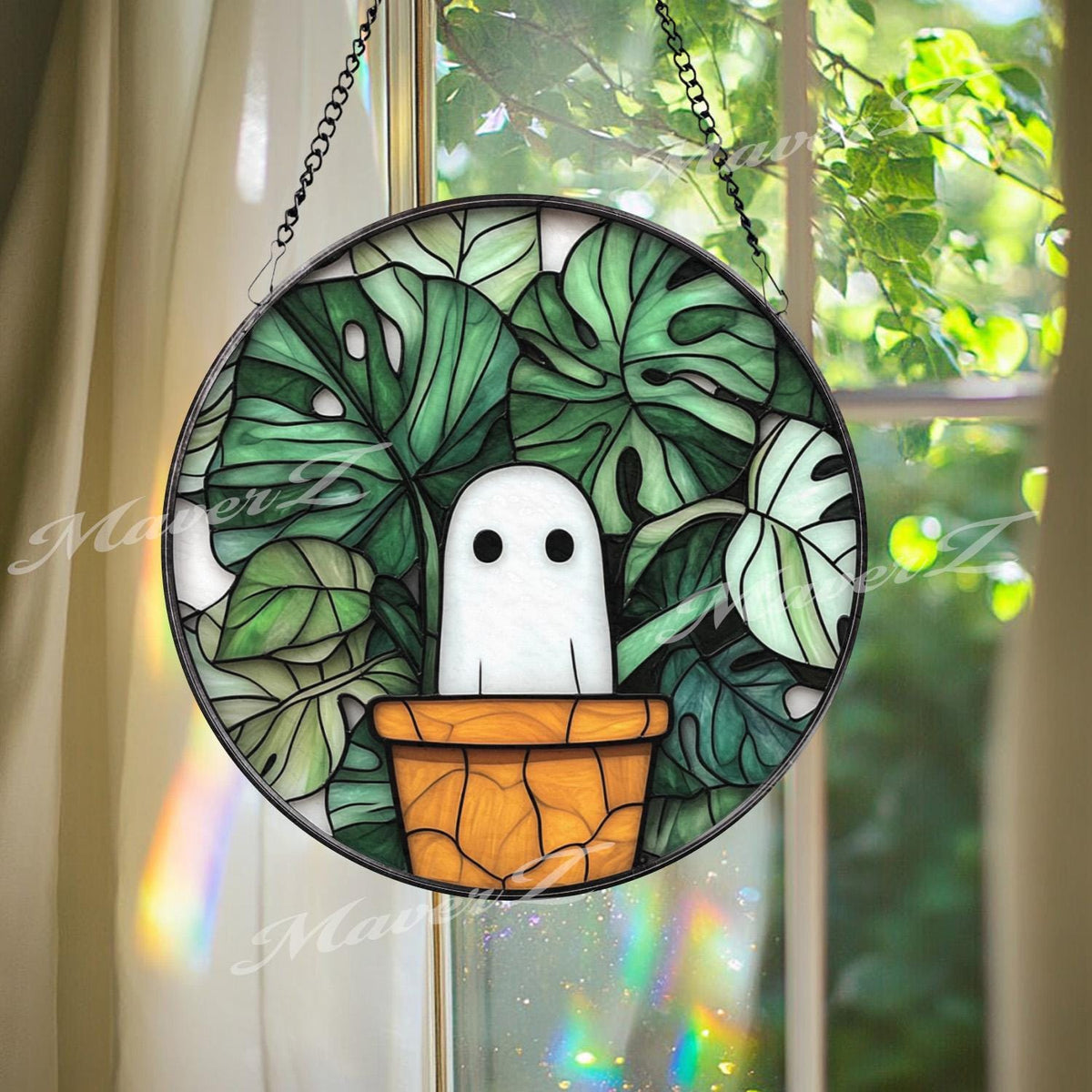 Cute Ghost in Plant Pot Suncatcher, Monstera Leaf Stained Glass Panel, Funny Window Hanging, Kawaii Ghost Decor, Plant Lover Gift