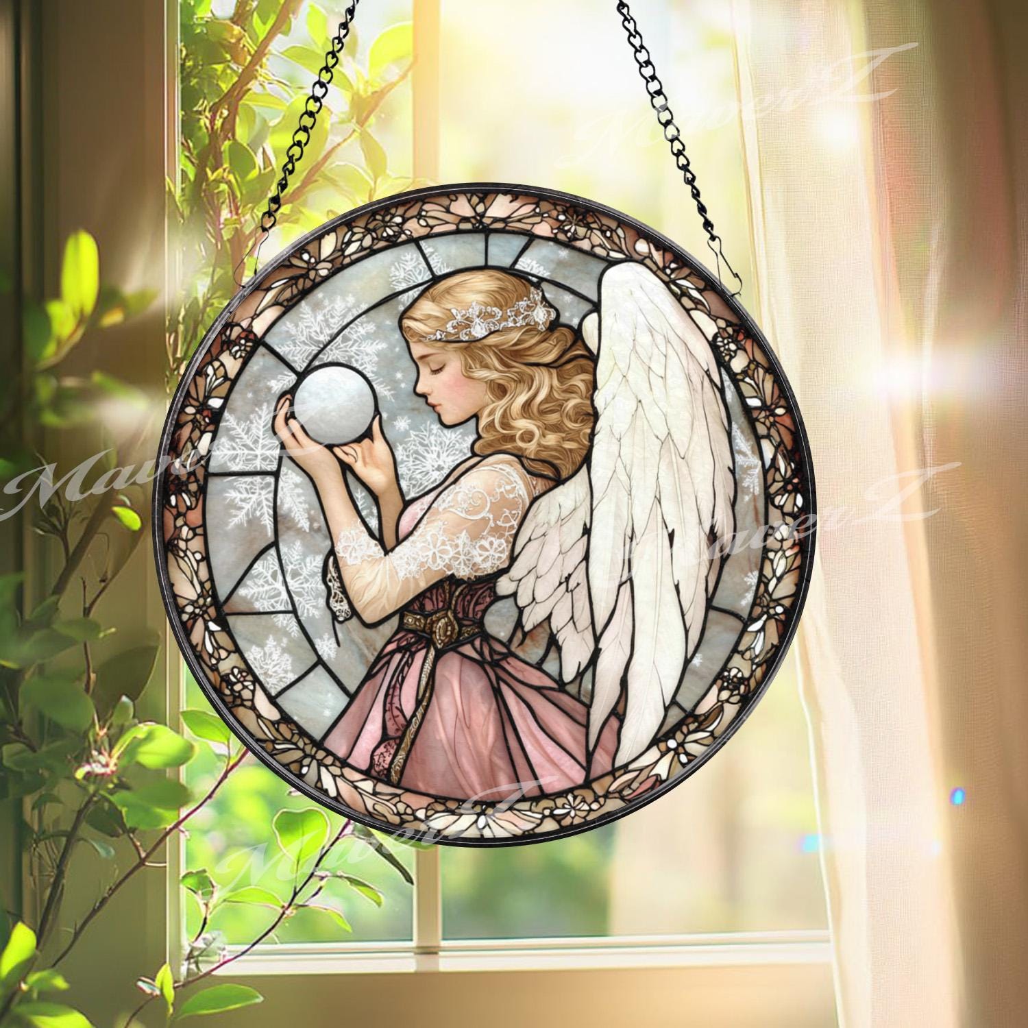 Angel Stained Glass Suncatcher, Elegant Angel with Orb Glass Panel, Spiritual Window Hanging, Guardian Angel Decor, Peaceful Gift