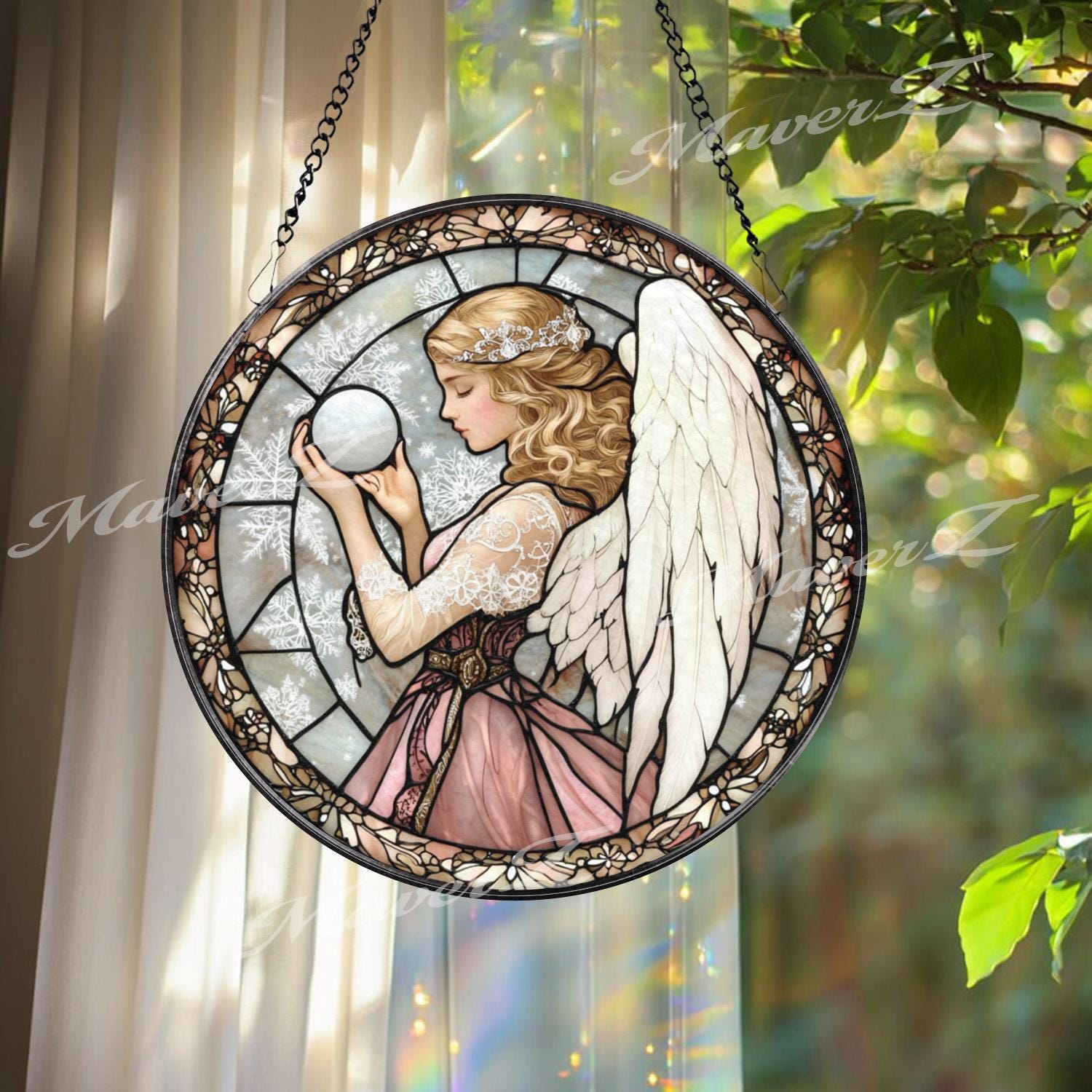Angel Stained Glass Suncatcher, Elegant Angel with Orb Glass Panel, Spiritual Window Hanging, Guardian Angel Decor, Peaceful Gift