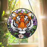 Tiger Stained Glass Suncatcher, Floral Jungle Window Hanging, Fierce Wildcat Glass Panel, Boho Nature Decor, Animal Lover Gift