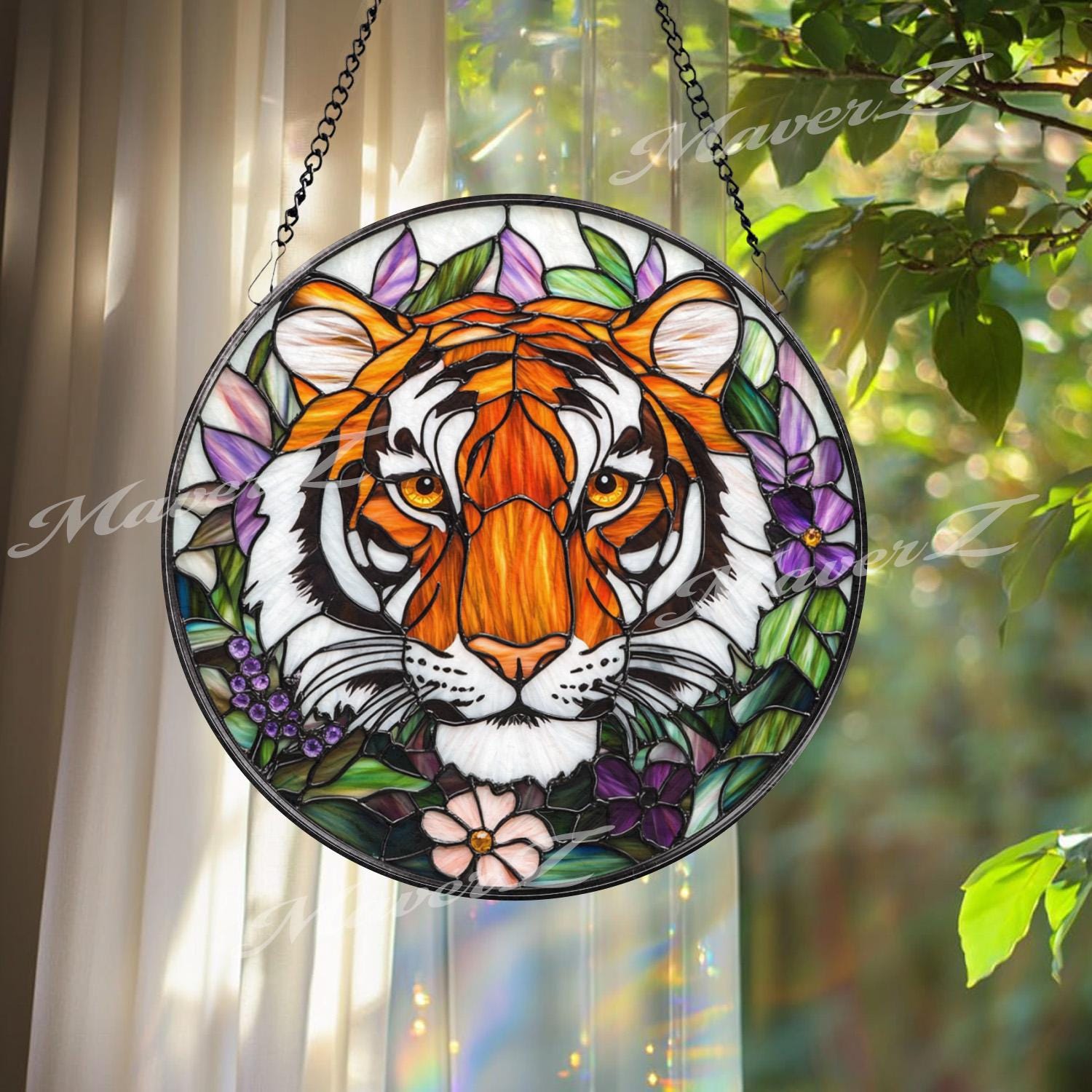 Tiger Stained Glass Suncatcher, Floral Jungle Window Hanging, Fierce Wildcat Glass Panel, Boho Nature Decor, Animal Lover Gift