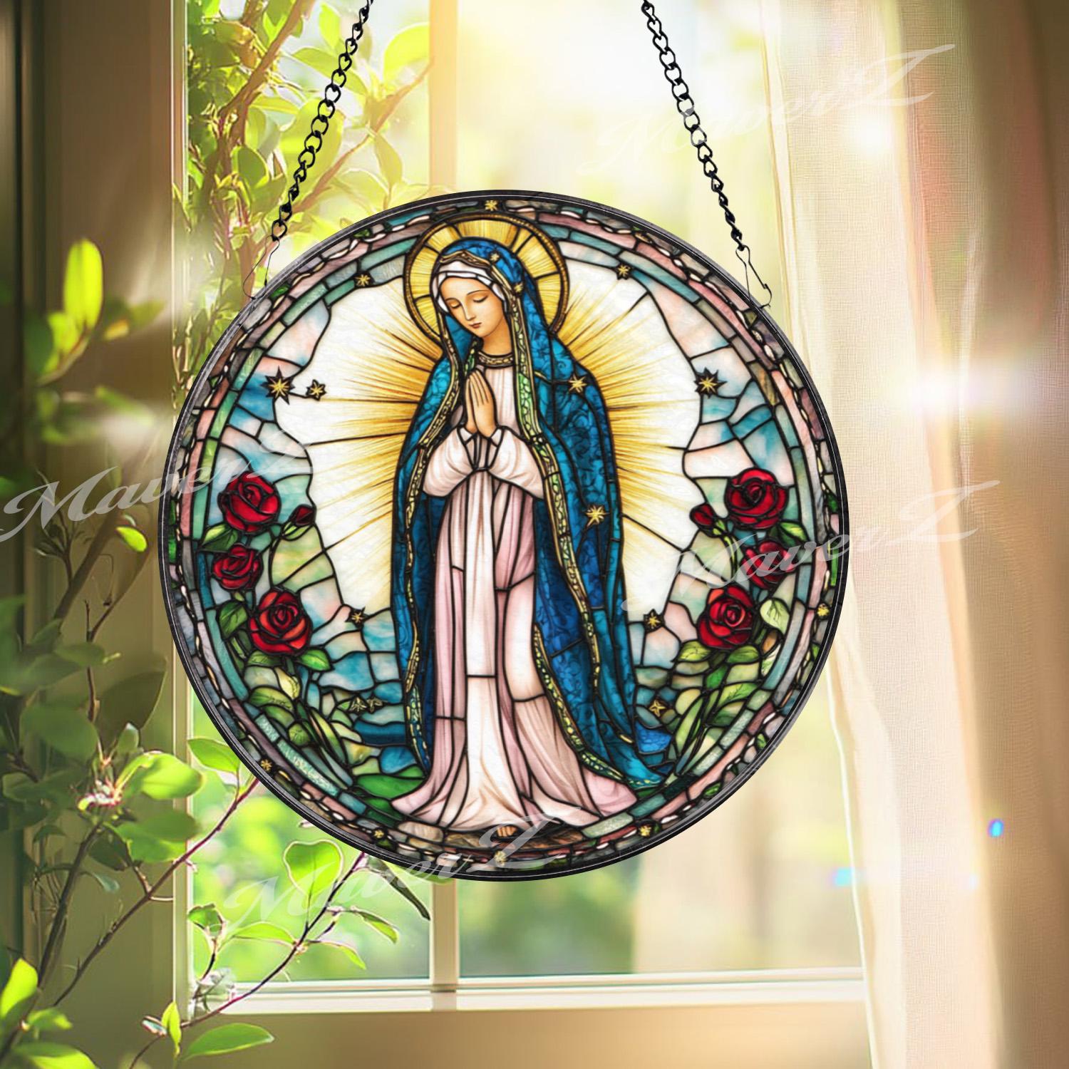 Our Lady of Guadalupe Stained Glass Suncatcher, Virgin Mary Window Hanging, Catholic Rose Decor, Religious Glass Panel, Prayer Gift