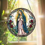 Our Lady of Guadalupe Stained Glass Suncatcher, Virgin Mary Window Hanging, Catholic Rose Decor, Religious Glass Panel, Prayer Gift