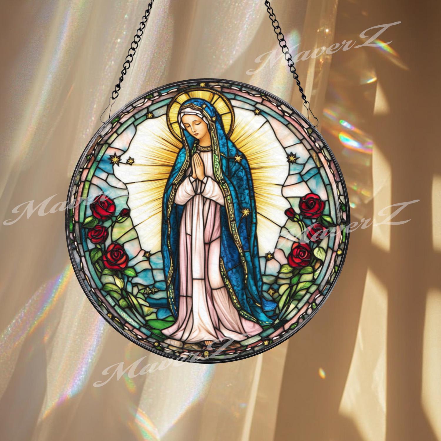 Our Lady of Guadalupe Stained Glass Suncatcher, Virgin Mary Window Hanging, Catholic Rose Decor, Religious Glass Panel, Prayer Gift