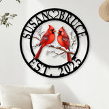 Personalized Cardinal Couple Metal Sign, Custom Name Bird Wall Art with EST Date, Winter Love Gift, Anniversary or Wedding Decor