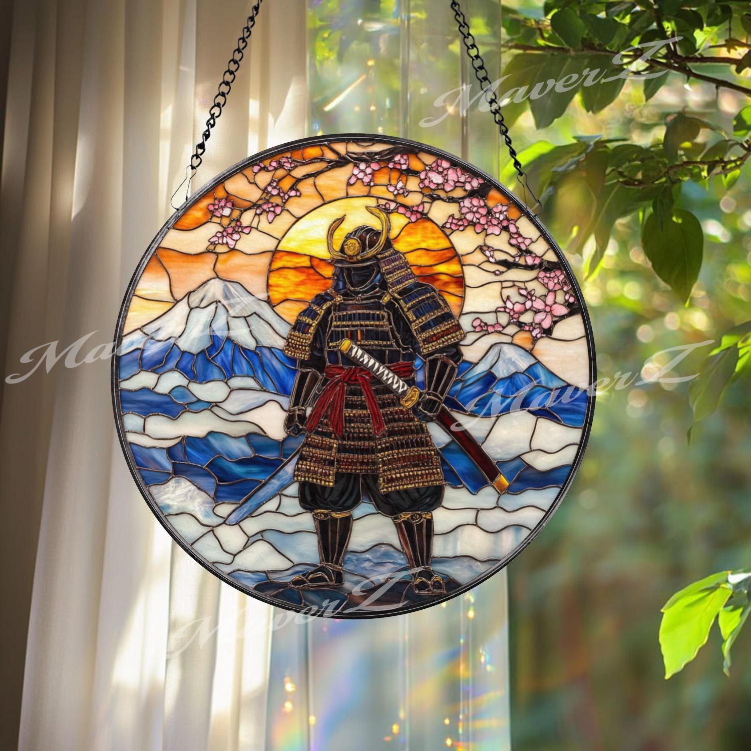 Samurai Warrior Stained Glass Suncatcher, Mount Fuji Window Hanging, Rising Sun Glass Art, Japanese Bushido Decor, Zen Gift for Him