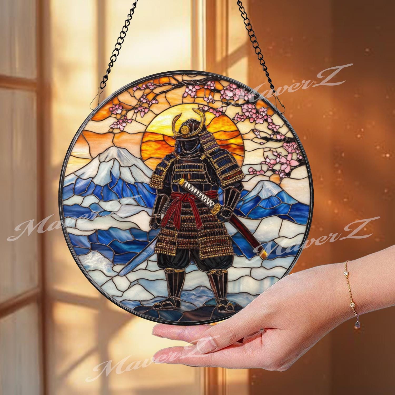 Samurai Warrior Stained Glass Suncatcher, Mount Fuji Window Hanging, Rising Sun Glass Art, Japanese Bushido Decor, Zen Gift for Him