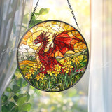 Red Dragon Stained Glass Suncatcher, Fantasy Window Decor, Daffodil Field Art Panel, Mythical Creature Sun Catcher Gift