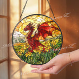 Red Dragon Stained Glass Suncatcher, Fantasy Window Decor, Daffodil Field Art Panel, Mythical Creature Sun Catcher Gift