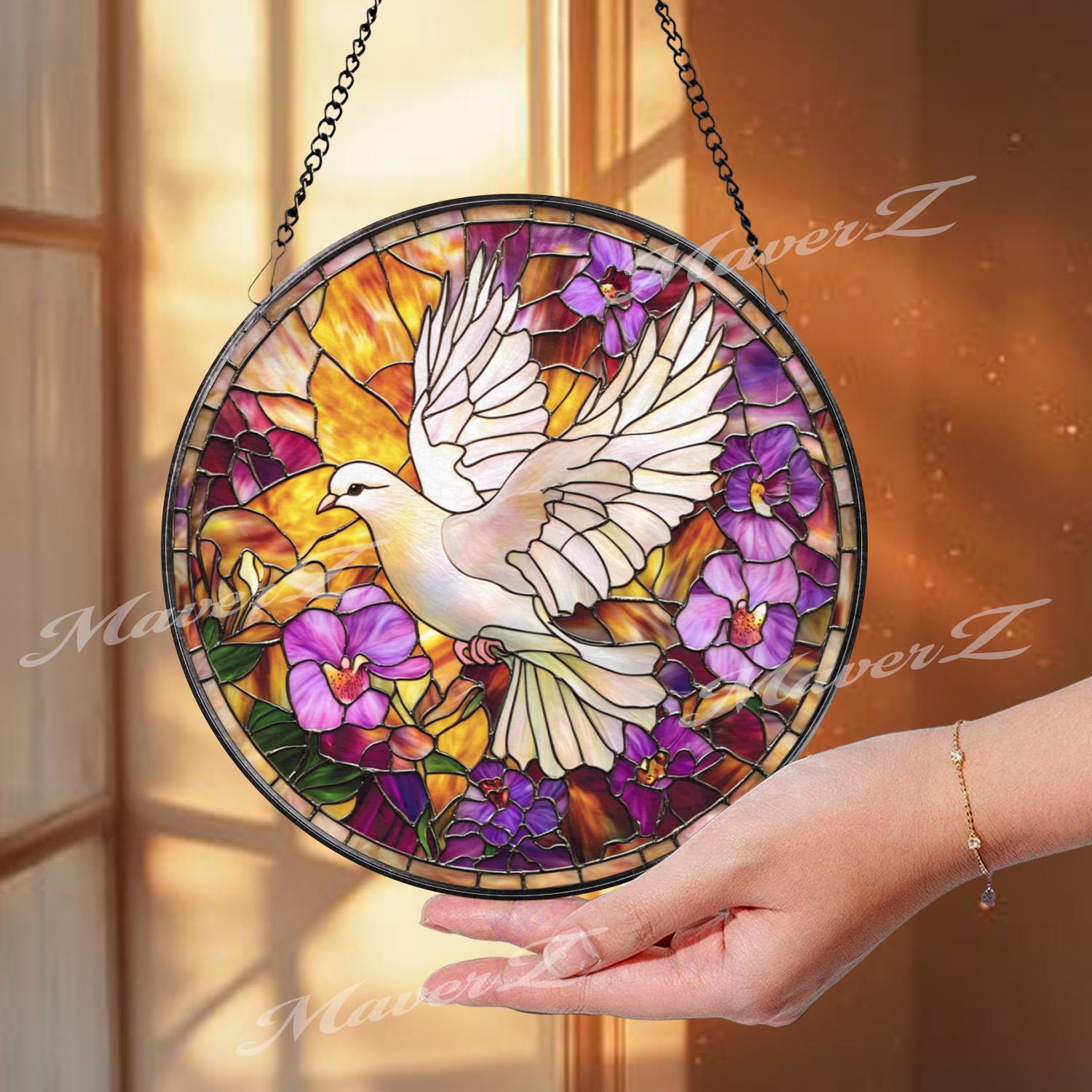 White Dove Stained Glass Suncatcher, Peace Bird Window Hanging, Floral Violet Panel, Serenity Home Decor, Spiritual Sun Catcher Gift