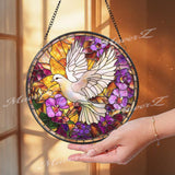 White Dove Stained Glass Suncatcher, Peace Bird Window Hanging, Floral Violet Panel, Serenity Home Decor, Spiritual Sun Catcher Gift