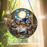 Raccoon Dinner Party Stained Glass Suncatcher, Funny Animal Window Hanging, Moonlight Feast Panel, Whimsical Woodland Decor, Cute Gift