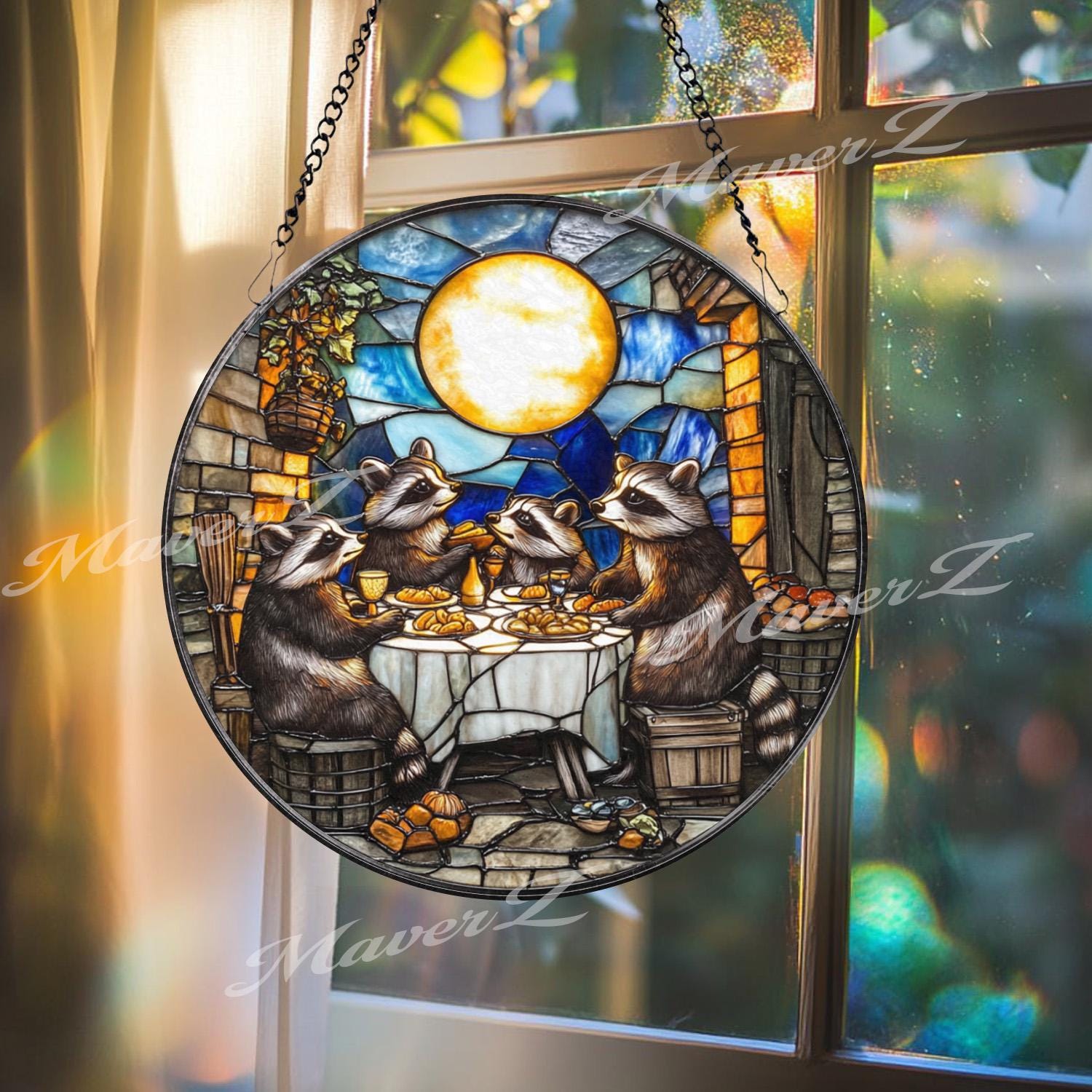 Raccoon Dinner Party Stained Glass Suncatcher, Funny Animal Window Hanging, Moonlight Feast Panel, Whimsical Woodland Decor, Cute Gift