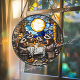 Raccoon Dinner Party Stained Glass Suncatcher, Funny Animal Window Hanging, Moonlight Feast Panel, Whimsical Woodland Decor, Cute Gift