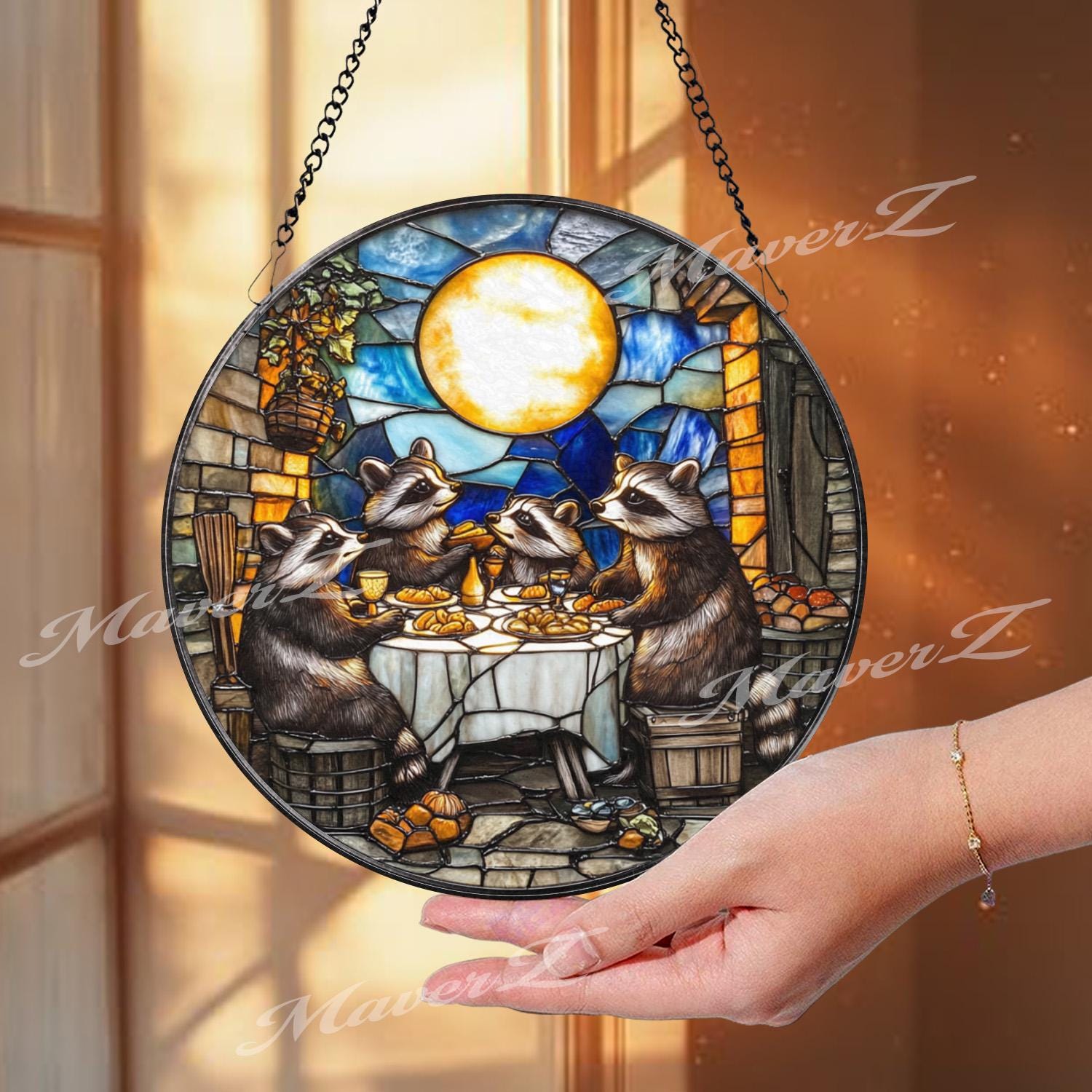 Raccoon Dinner Party Stained Glass Suncatcher, Funny Animal Window Hanging, Moonlight Feast Panel, Whimsical Woodland Decor, Cute Gift