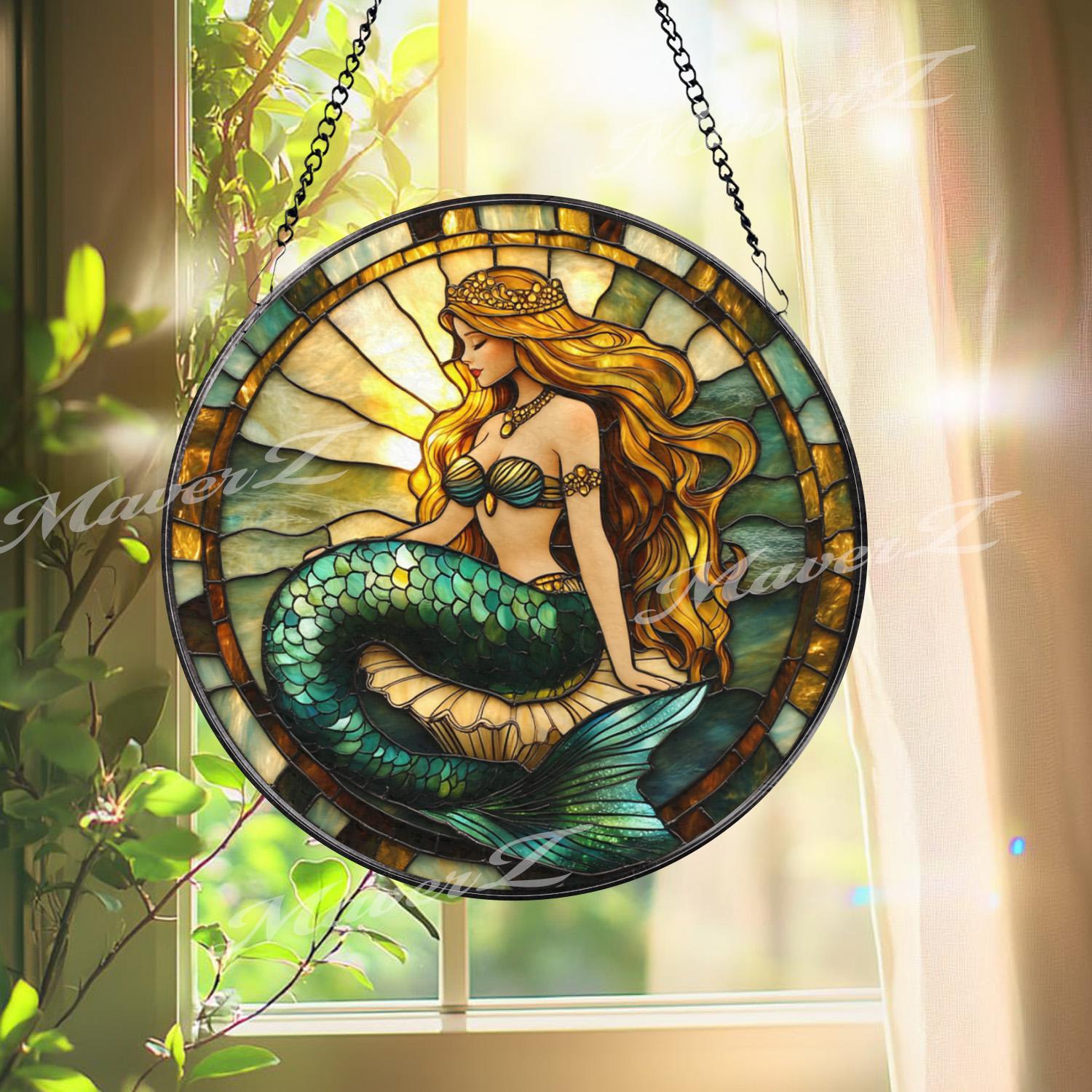 Mermaid Princess Stained Glass Suncatcher, Golden Hair Ocean Beauty, Sea Fantasy Window Hanging, Coastal Decor, Magical Gift