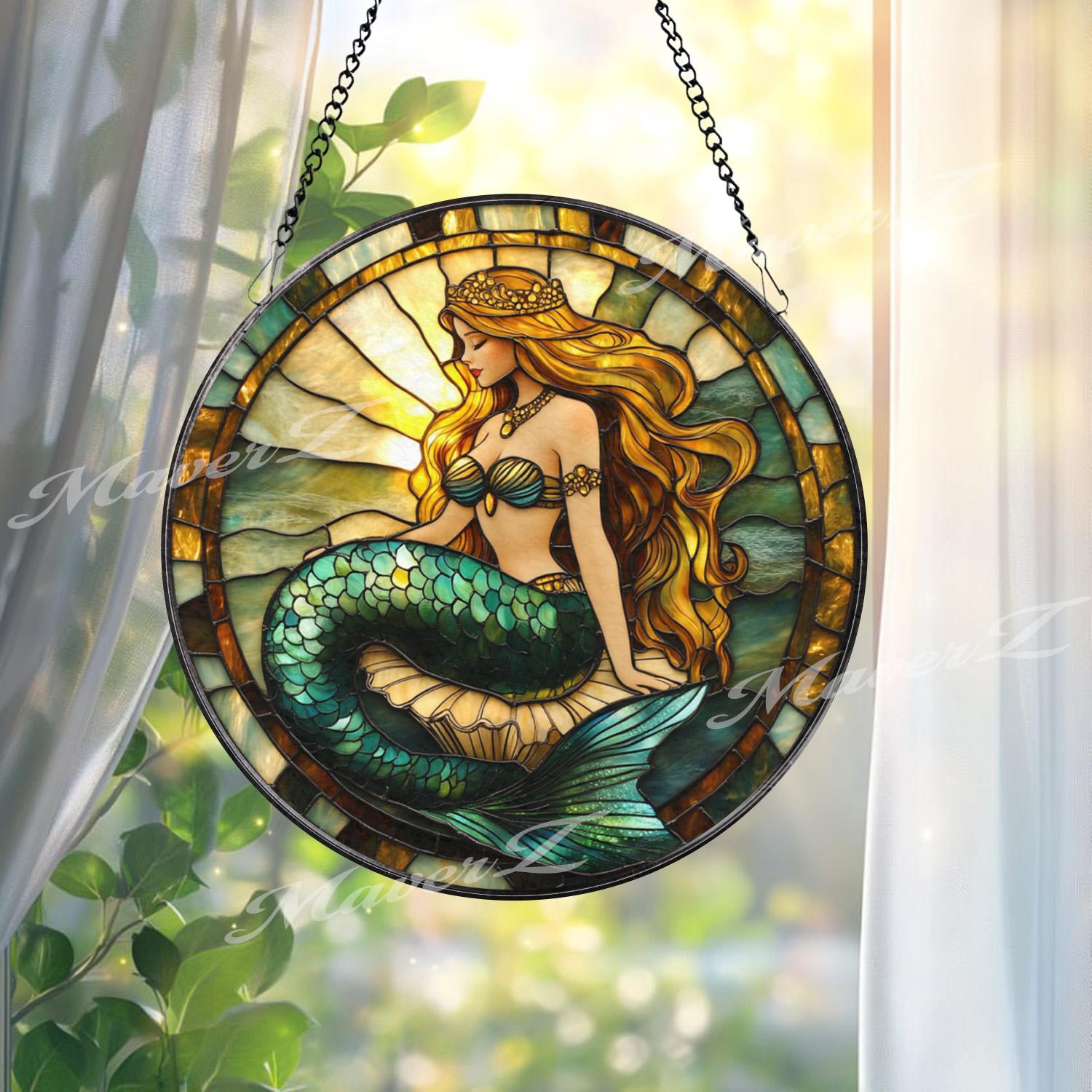 Mermaid Princess Stained Glass Suncatcher, Golden Hair Ocean Beauty, Sea Fantasy Window Hanging, Coastal Decor, Magical Gift