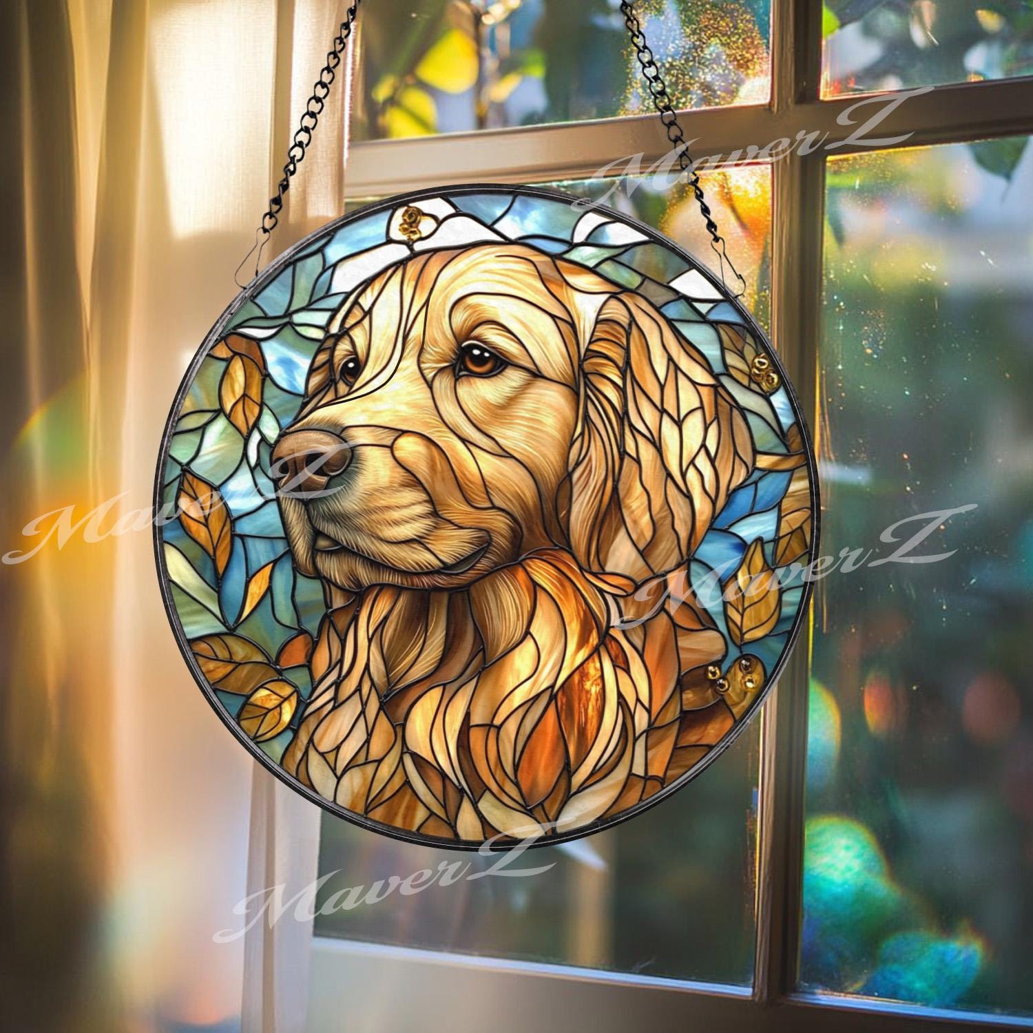 Golden Retriever Stained Glass Suncatcher, Autumn Dog Window Hanging, Pet Memorial Glass Art, Dog Lover Gift, Warm Rustic Decor