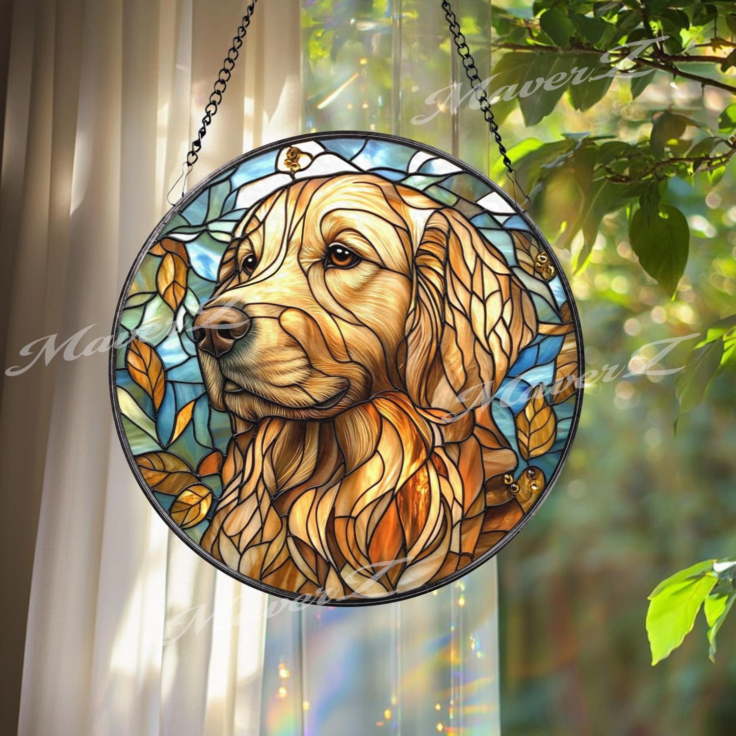 Golden Retriever Stained Glass Suncatcher, Autumn Dog Window Hanging, Pet Memorial Glass Art, Dog Lover Gift, Warm Rustic Decor