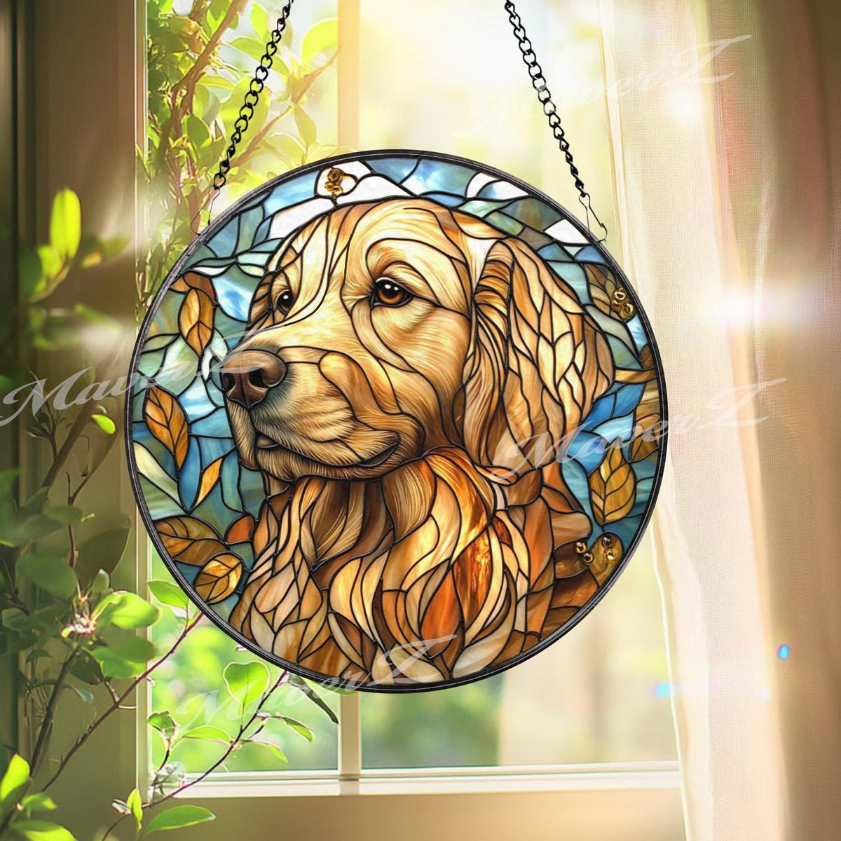 Golden Retriever Stained Glass Suncatcher, Autumn Dog Window Hanging, Pet Memorial Glass Art, Dog Lover Gift, Warm Rustic Decor