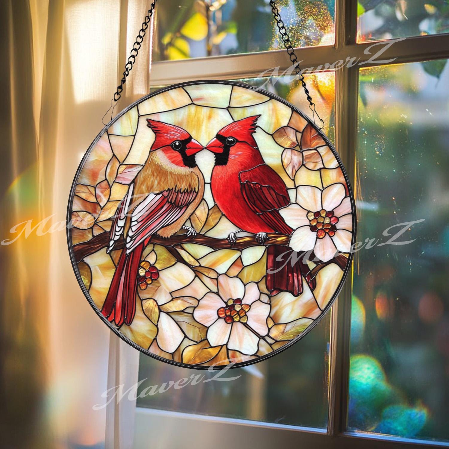 Cardinal Couple Stained Glass Suncatcher, Red Bird Window Hanging, Lovebird Glass Art, Floral Bird Decor, Memorial Gift