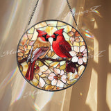 Cardinal Couple Stained Glass Suncatcher, Red Bird Window Hanging, Lovebird Glass Art, Floral Bird Decor, Memorial Gift