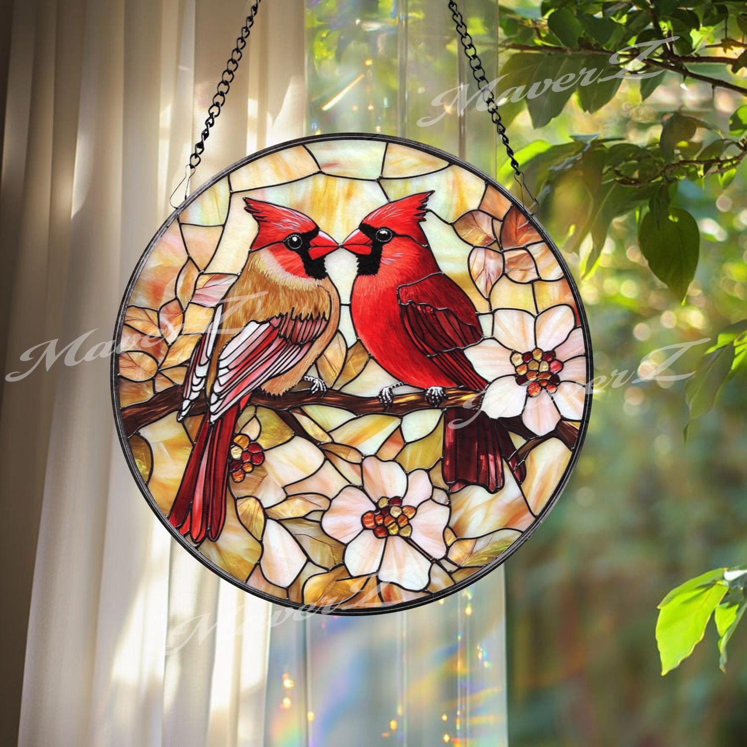 Cardinal Couple Stained Glass Suncatcher, Red Bird Window Hanging, Lovebird Glass Art, Floral Bird Decor, Memorial Gift