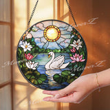 Swan and Lotus Stained Glass Suncatcher, Tranquil Lake Window Hanging, Sunlight Garden Glass Art, Peaceful Bird Decor, Nature Gift