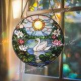 Swan and Lotus Stained Glass Suncatcher, Tranquil Lake Window Hanging, Sunlight Garden Glass Art, Peaceful Bird Decor, Nature Gift