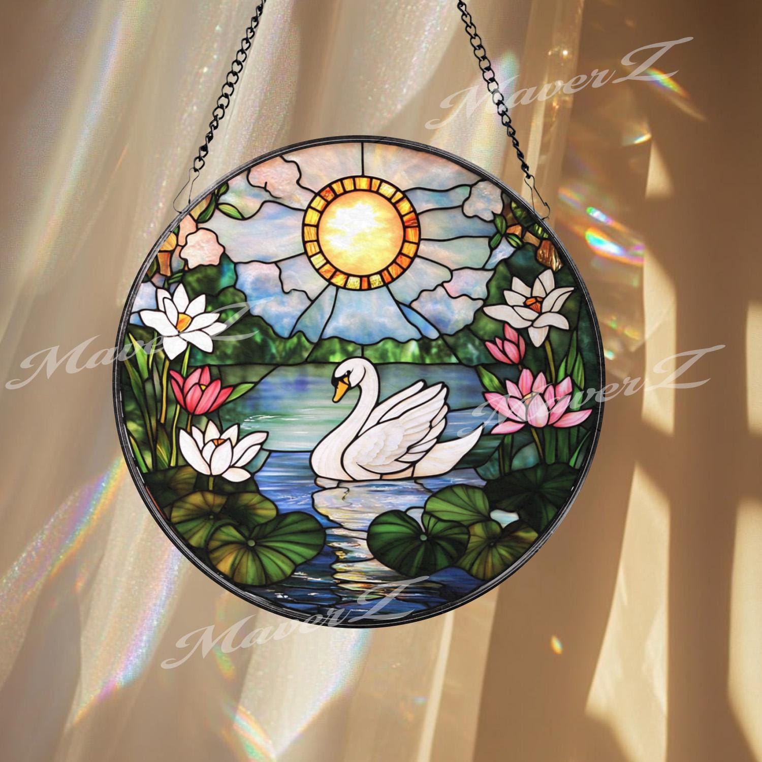 Swan and Lotus Stained Glass Suncatcher, Tranquil Lake Window Hanging, Sunlight Garden Glass Art, Peaceful Bird Decor, Nature Gift