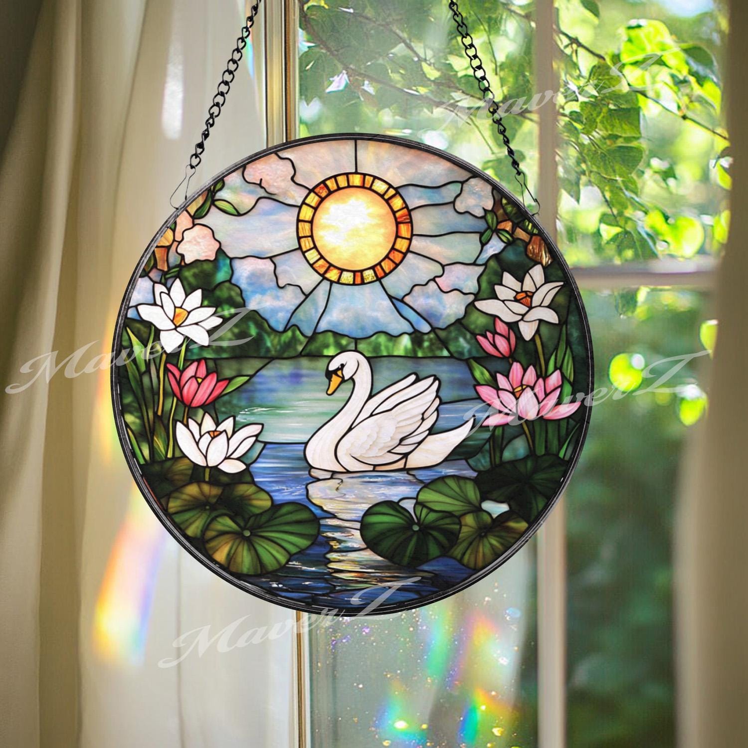 Swan and Lotus Stained Glass Suncatcher, Tranquil Lake Window Hanging, Sunlight Garden Glass Art, Peaceful Bird Decor, Nature Gift