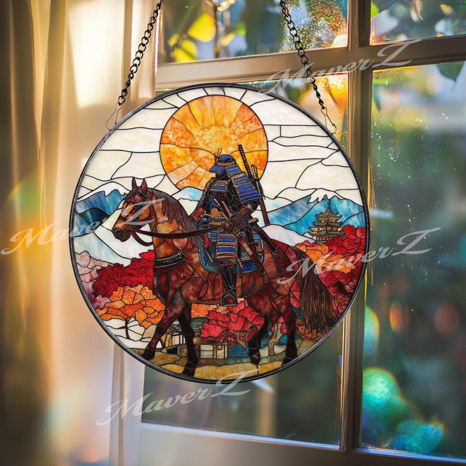 Samurai on Horseback Stained Glass Suncatcher, Autumn Japanese Warrior Art, Sunset Mountain Window Decor, Zen Home Gift